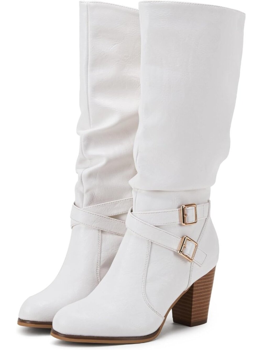 Women's White Mid Knee High Boots Chunky Heel Slouchy Metal Buckle Side Zip